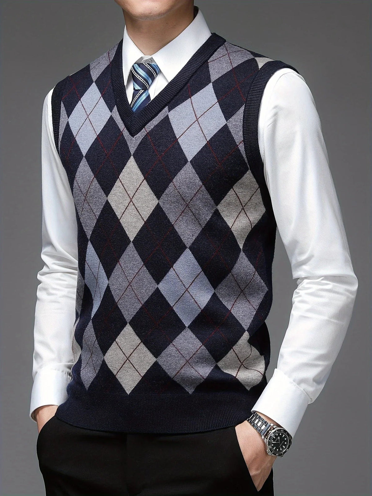Albert | Stilfuld Argyle-mønstret Strikket Vest med V-hals