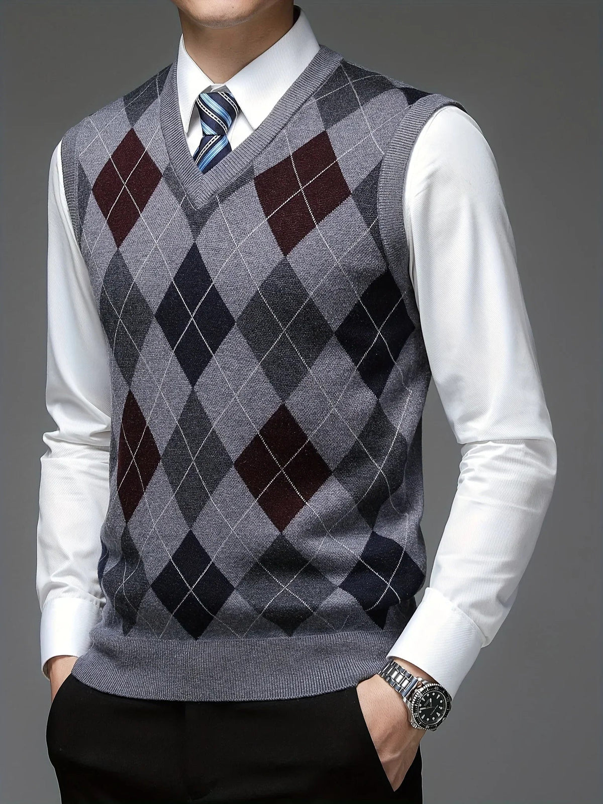 Albert | Stilfuld Argyle-mønstret Strikket Vest med V-hals