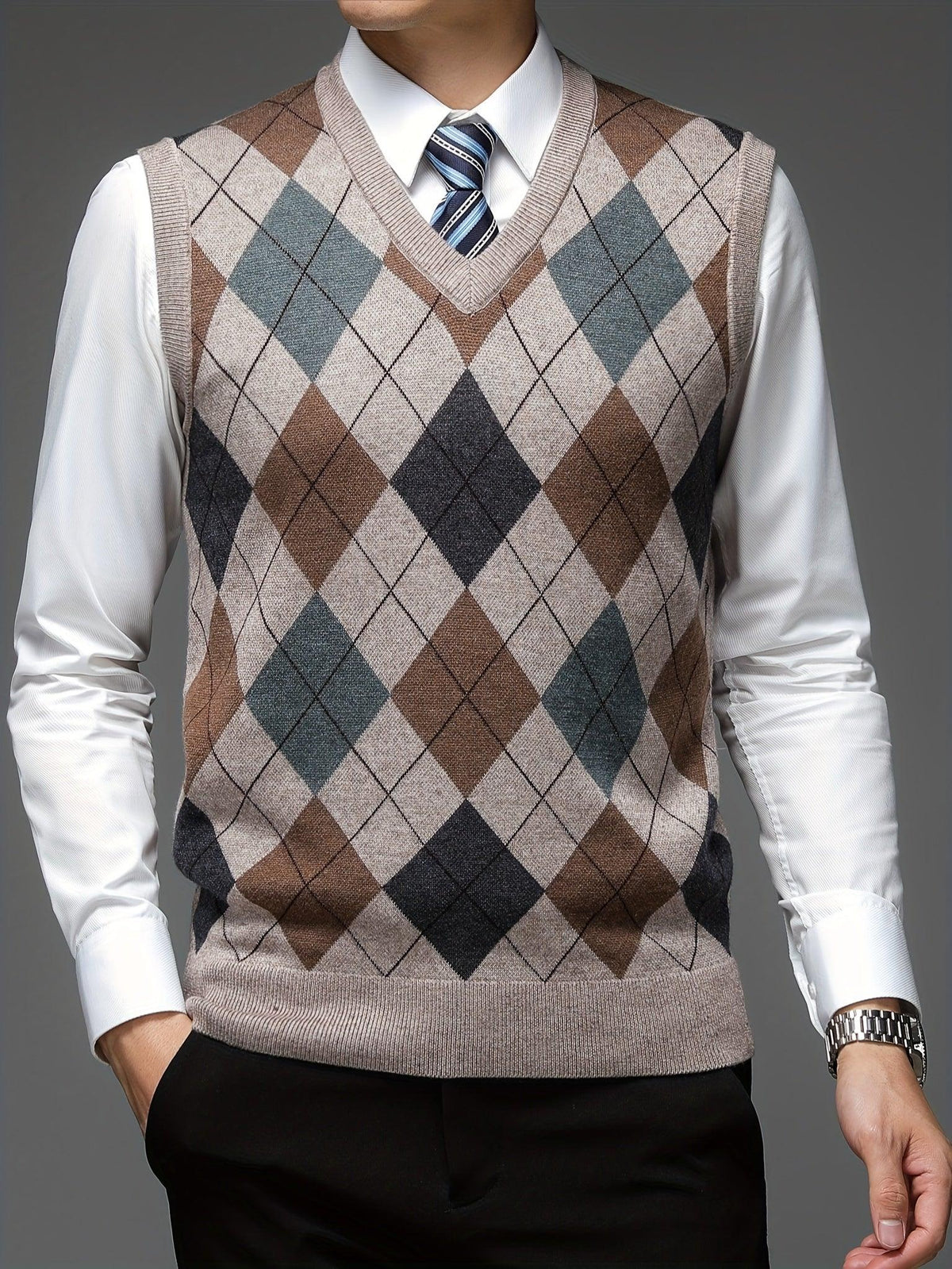 Albert | Stilfuld Argyle-mønstret Strikket Vest med V-hals