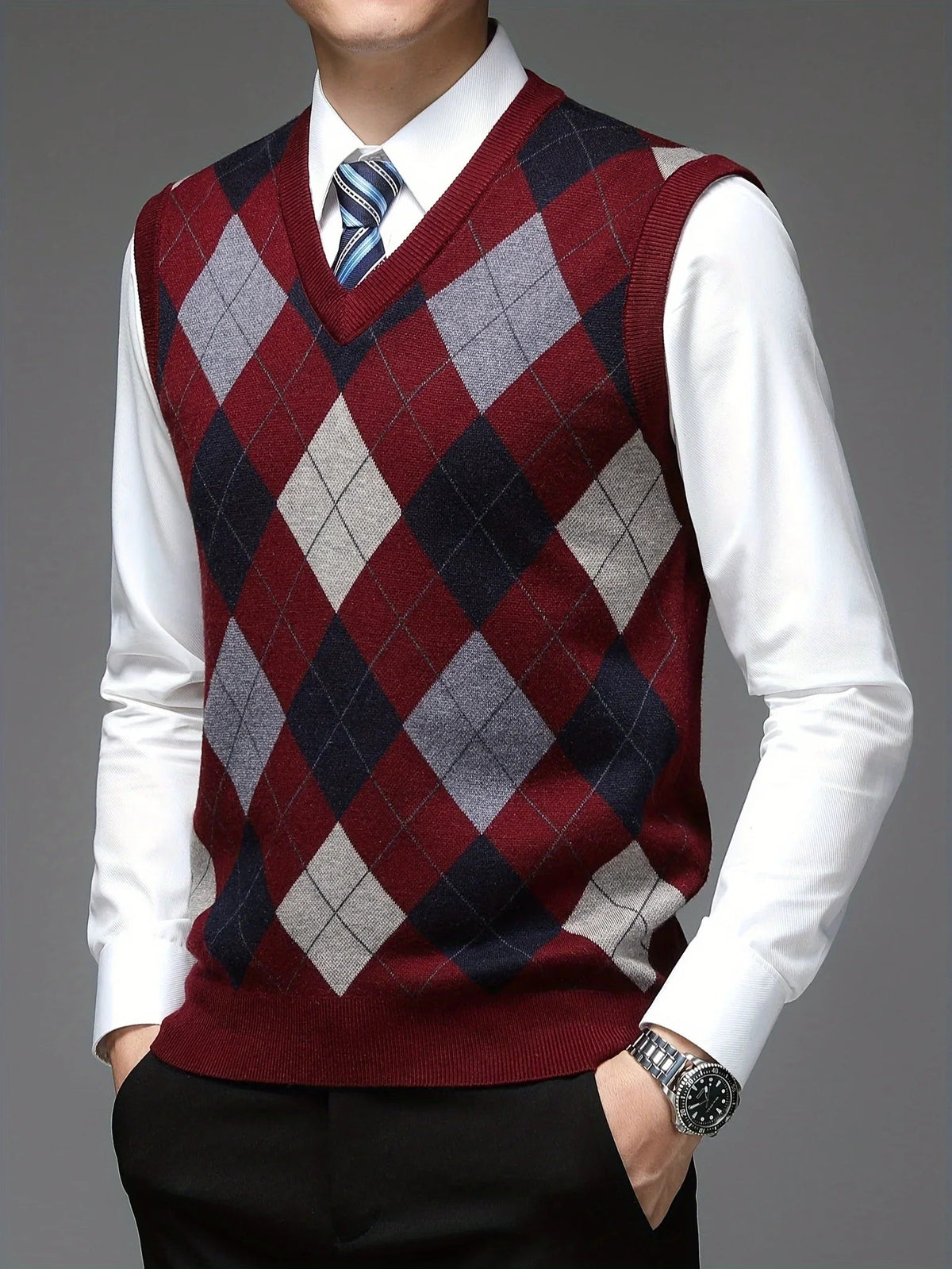 Albert | Stilfuld Argyle-mønstret Strikket Vest med V-hals