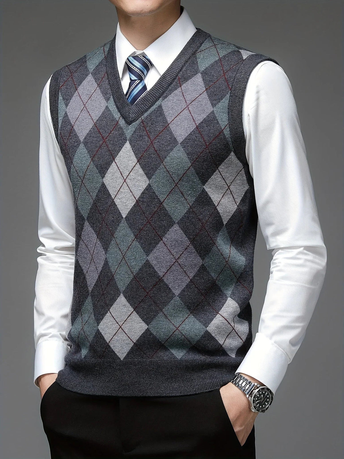 Albert | Stilfuld Argyle-mønstret Strikket Vest med V-hals