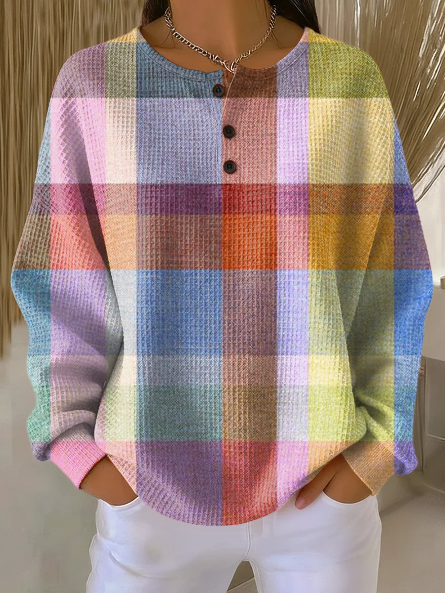 Alexis | Classic Plaid Henley Long Sleeve Knit Sweater