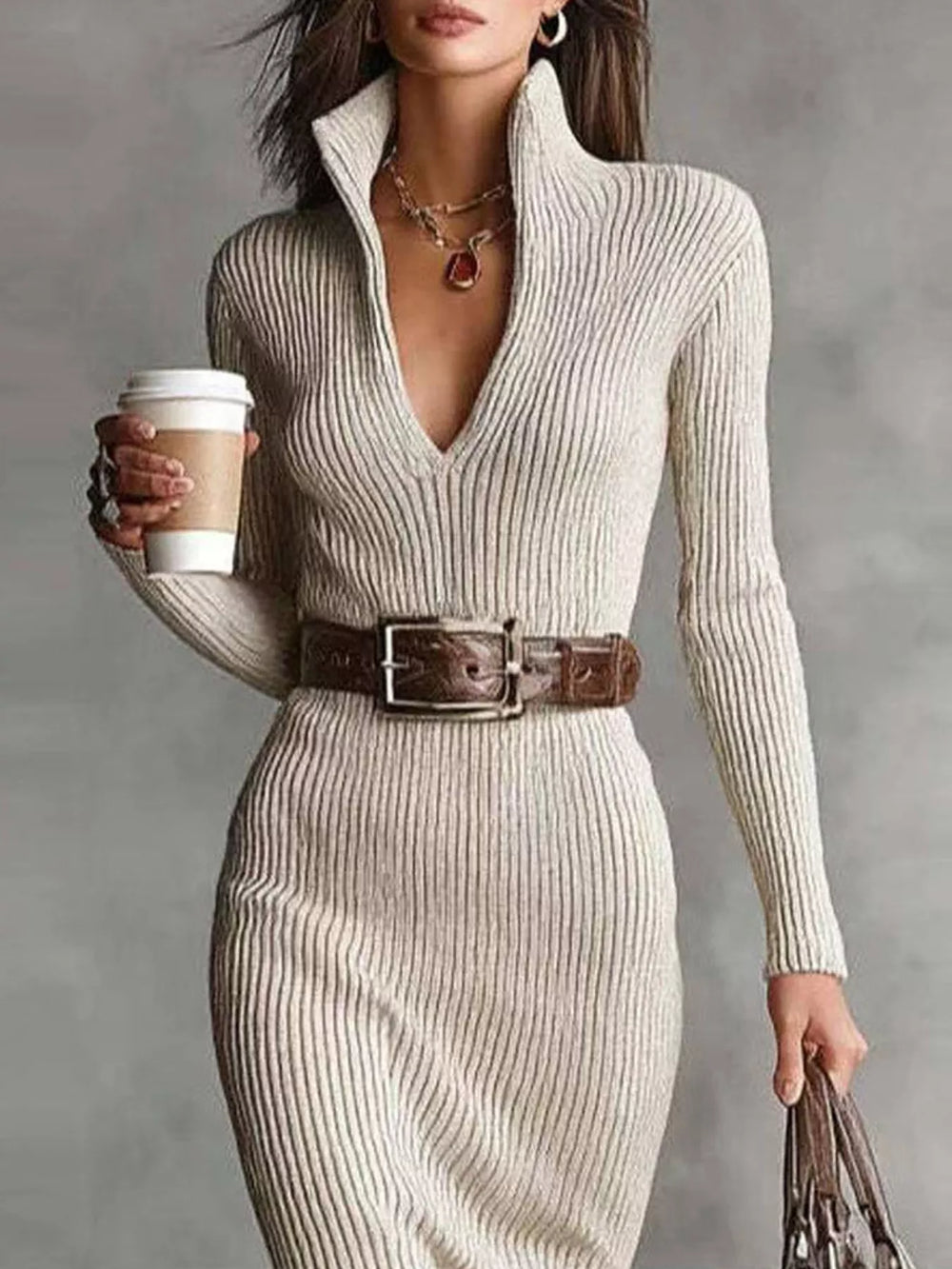 Alexis | Stylish Ribbed Long Sleeve Midi Sweater Dress