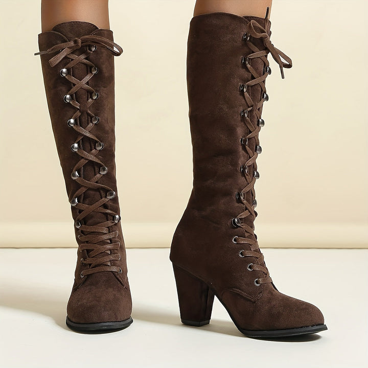 Amanda | Classic Lace-Up Block Heel Knee High Boots