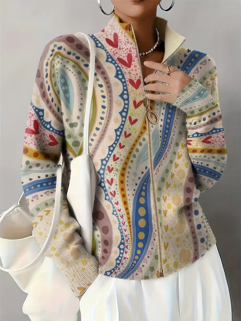 Amanda | Cozy Heart Print Zip Up Cardigan