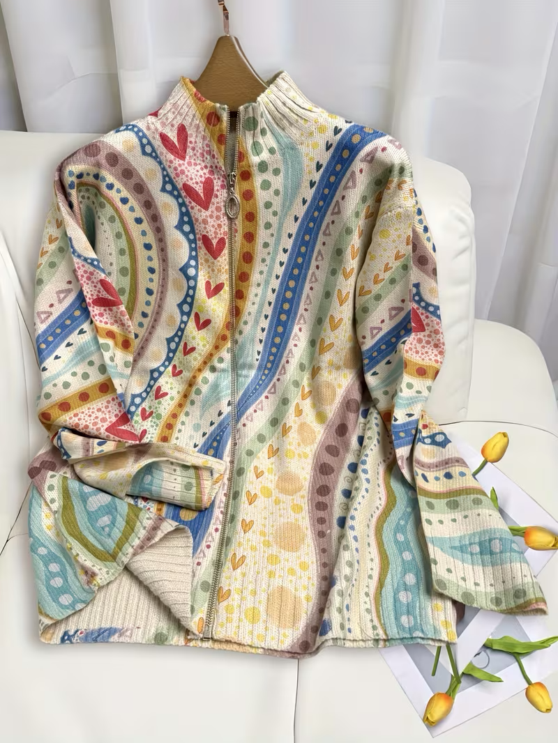 Amanda | Cozy Heart Print Zip Up Cardigan
