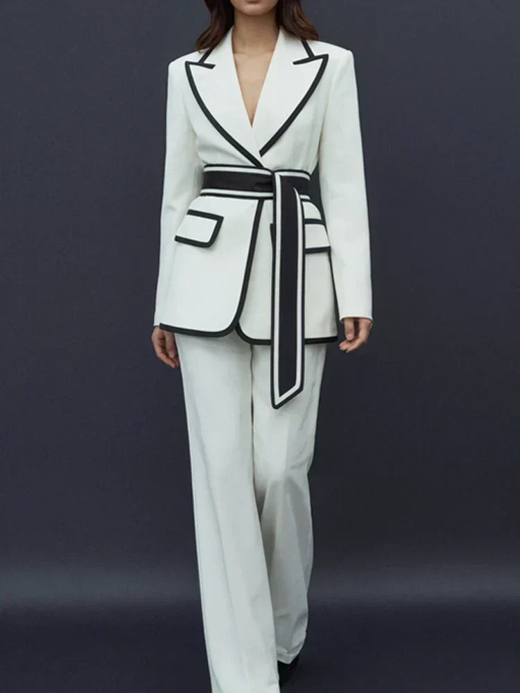 Amber | Graceful Contrast Trim Belted Blazer Pants Set
