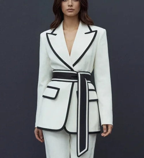 Amber | Graceful Contrast Trim Belted Blazer Pants Set