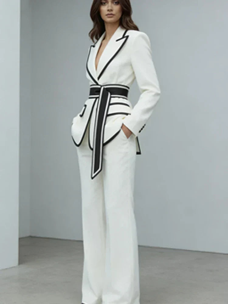 Amber | Graceful Contrast Trim Belted Blazer Pants Set