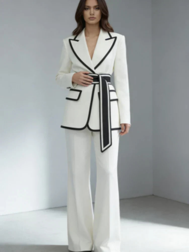 Amber | Graceful Contrast Trim Belted Blazer Pants Set
