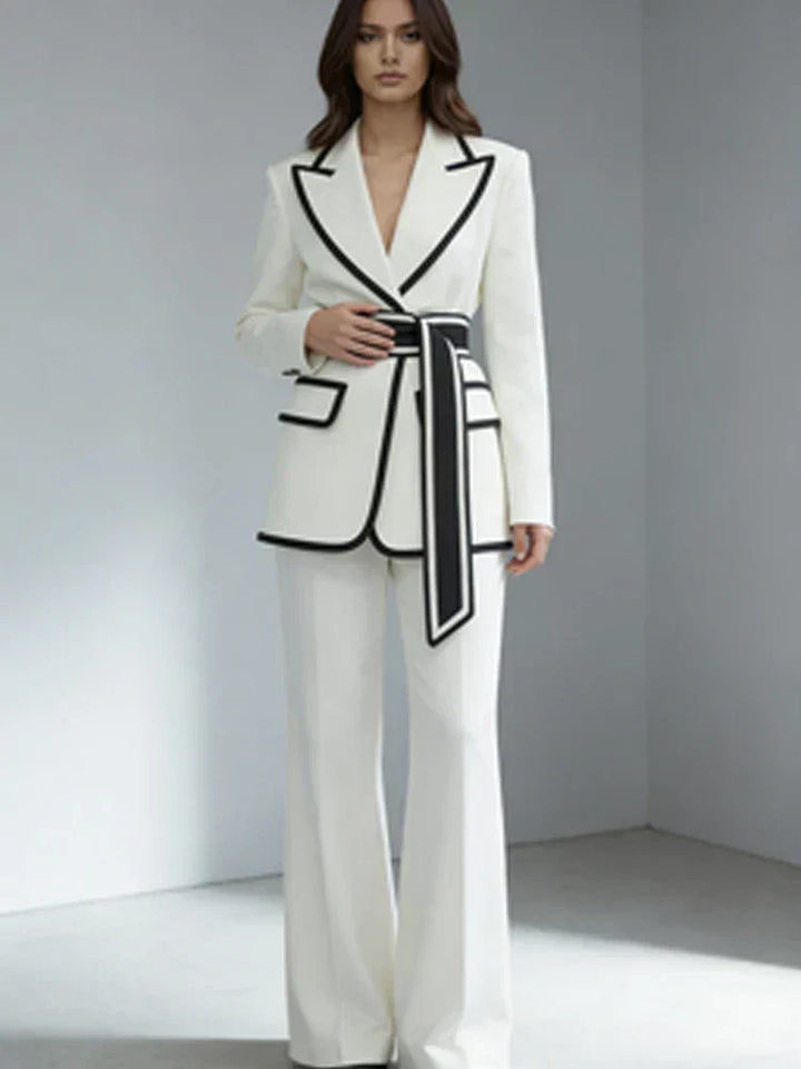 Amber | Graceful Contrast Trim Belted Blazer Pants Set