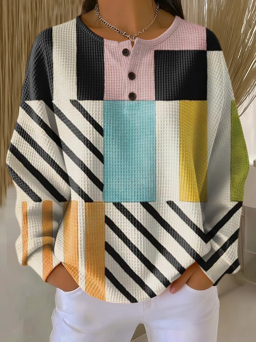 Amy | Geometric Henley Waffle Knit Sweater