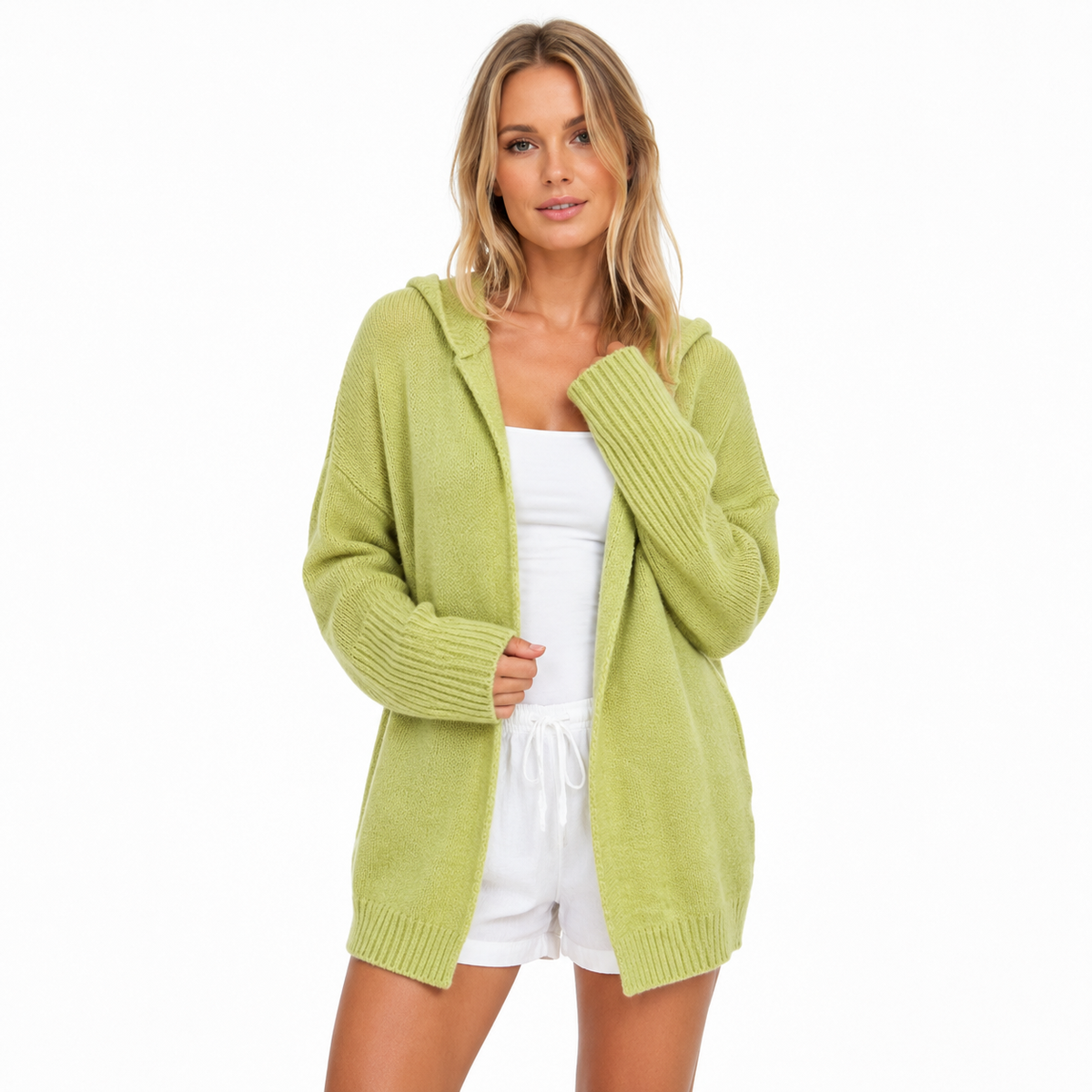 Andrea | Poleret Oversized Cardigan Dame med Hætte og Flagermusærmer