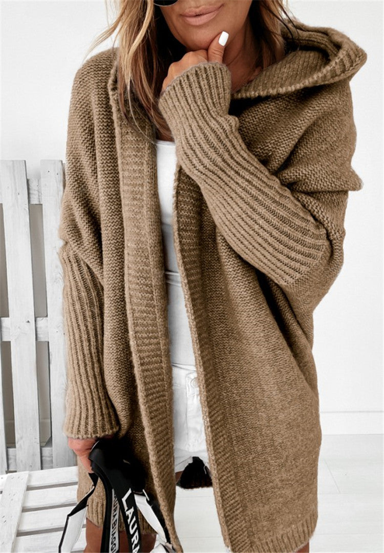 Andrea | Poleret Oversized Cardigan Dame med Hætte og Flagermusærmer