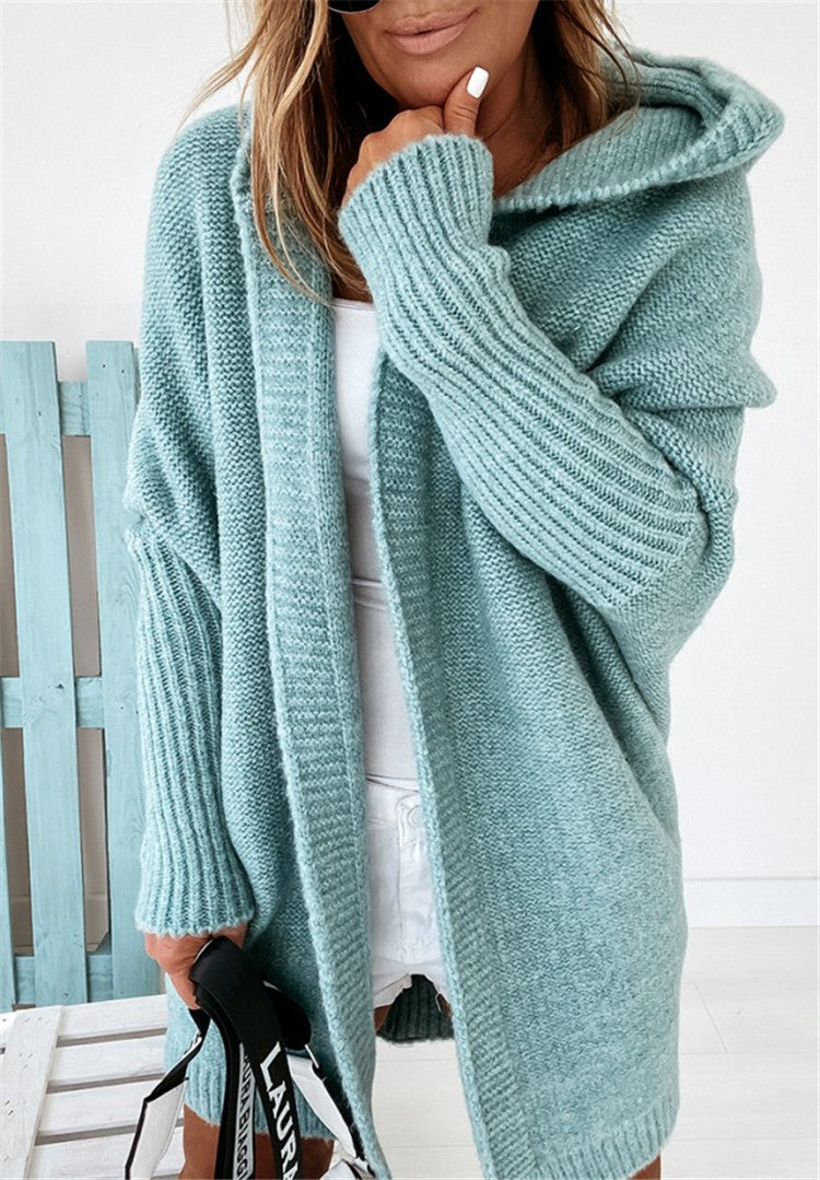 Andrea | Poleret Oversized Cardigan Dame med Hætte og Flagermusærmer