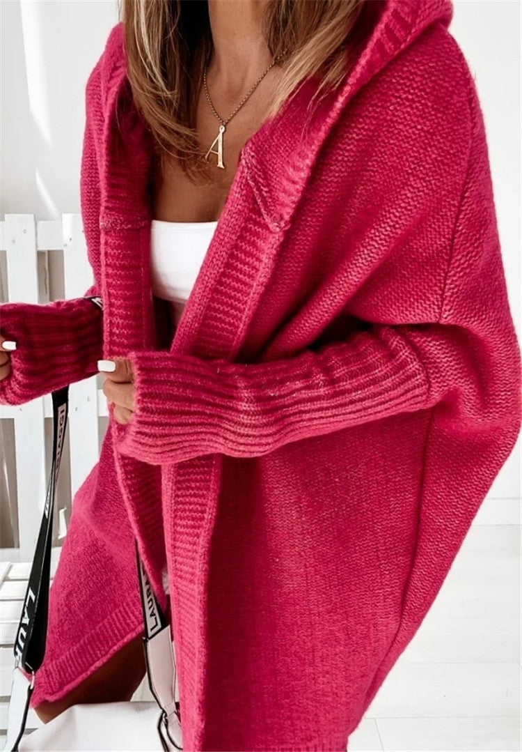 Andrea | Poleret Oversized Cardigan Dame med Hætte og Flagermusærmer
