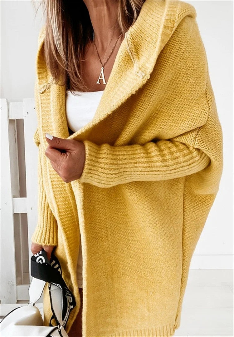 Andrea | Poleret Oversized Cardigan Dame med Hætte og Flagermusærmer