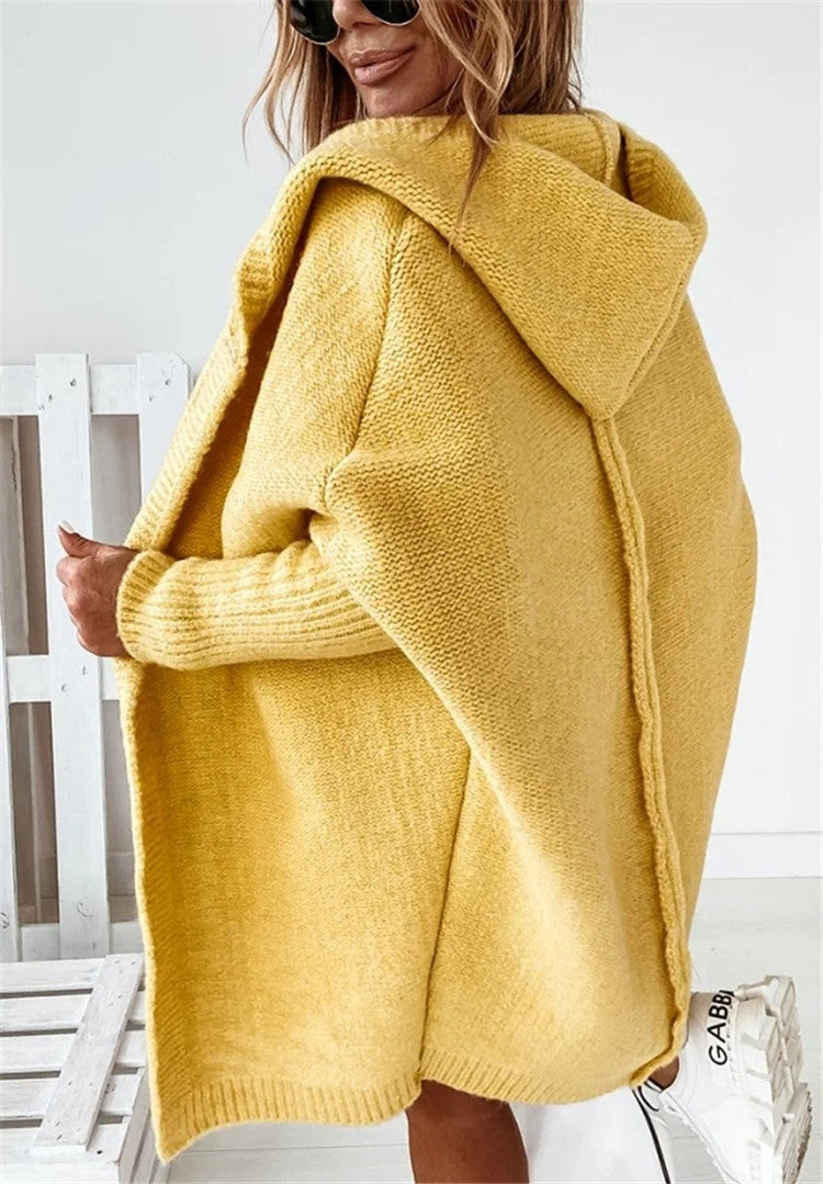 Andrea | Poleret Oversized Cardigan Dame med Hætte og Flagermusærmer