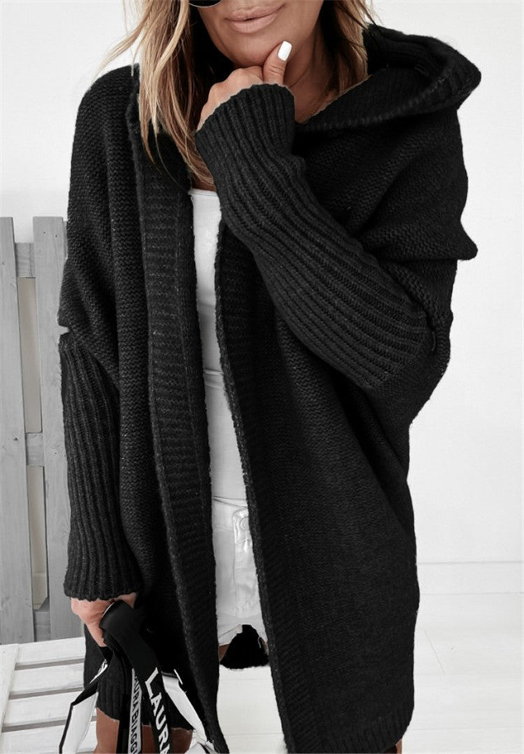 Andrea | Poleret Oversized Cardigan Dame med Hætte og Flagermusærmer