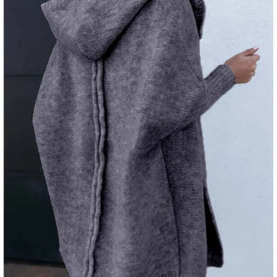 Andrea | Poleret Oversized Cardigan Dame med Hætte og Flagermusærmer