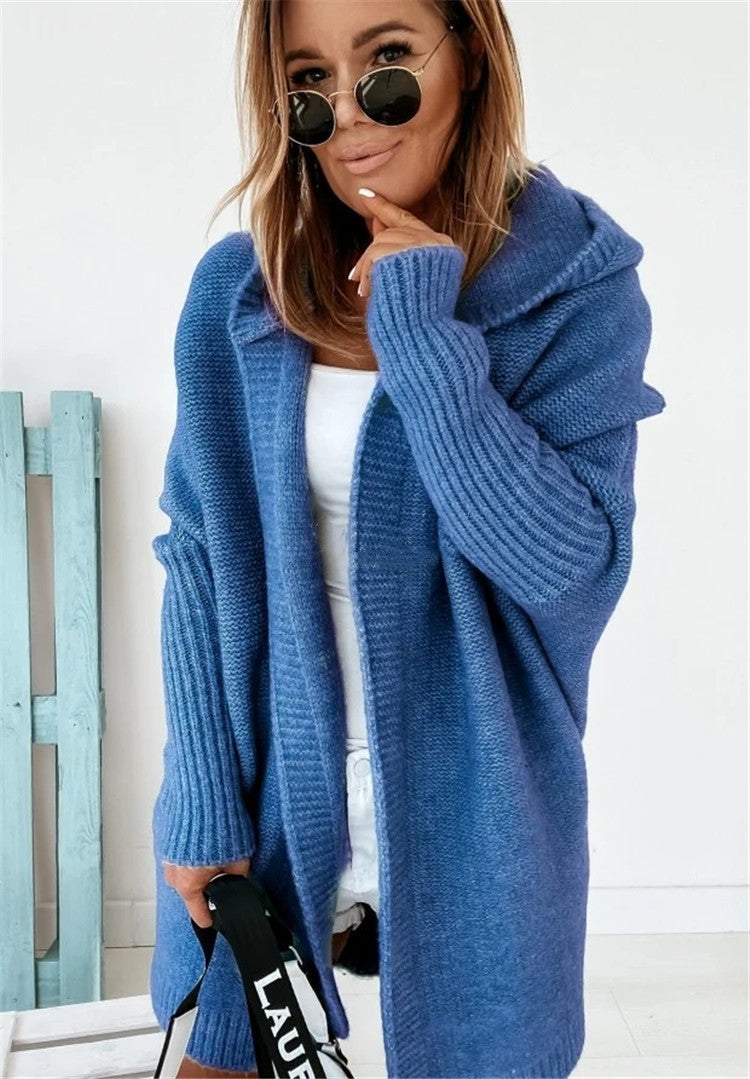 Andrea | Poleret Oversized Cardigan Dame med Hætte og Flagermusærmer