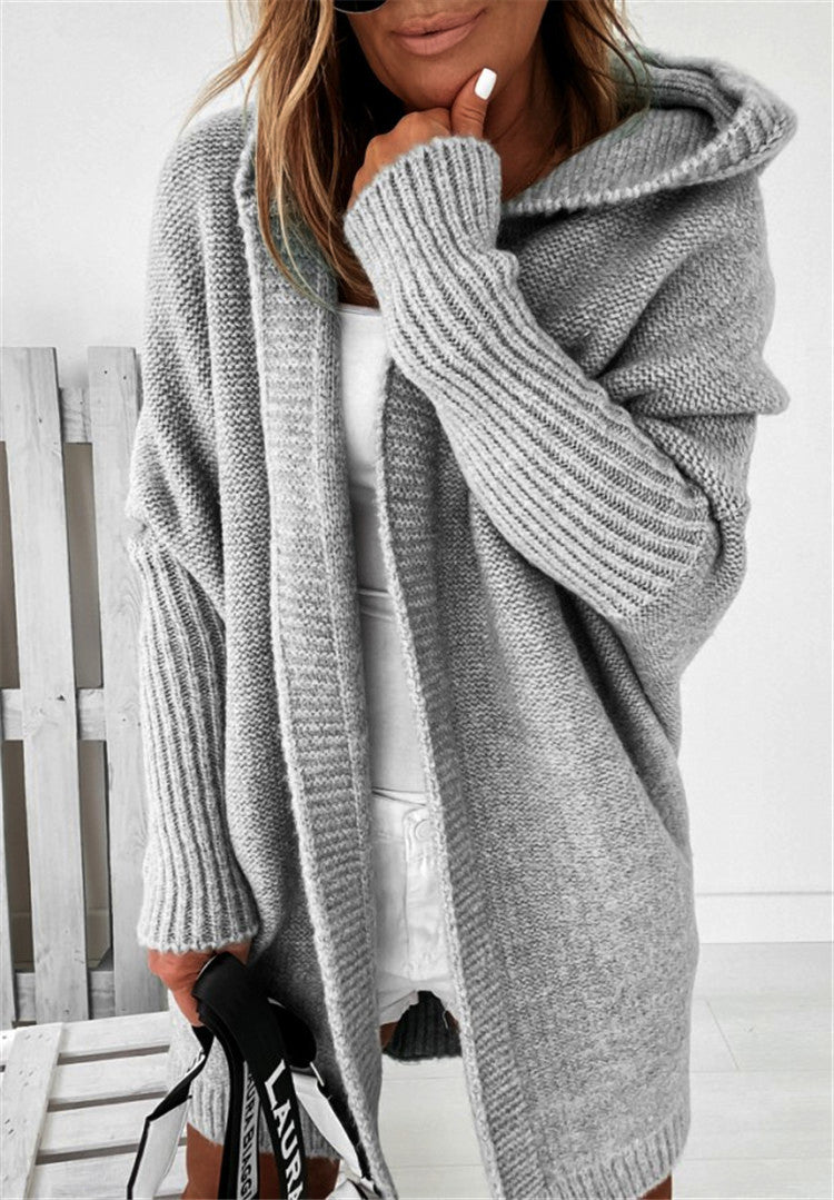 Andrea | Poleret Oversized Cardigan Dame med Hætte og Flagermusærmer