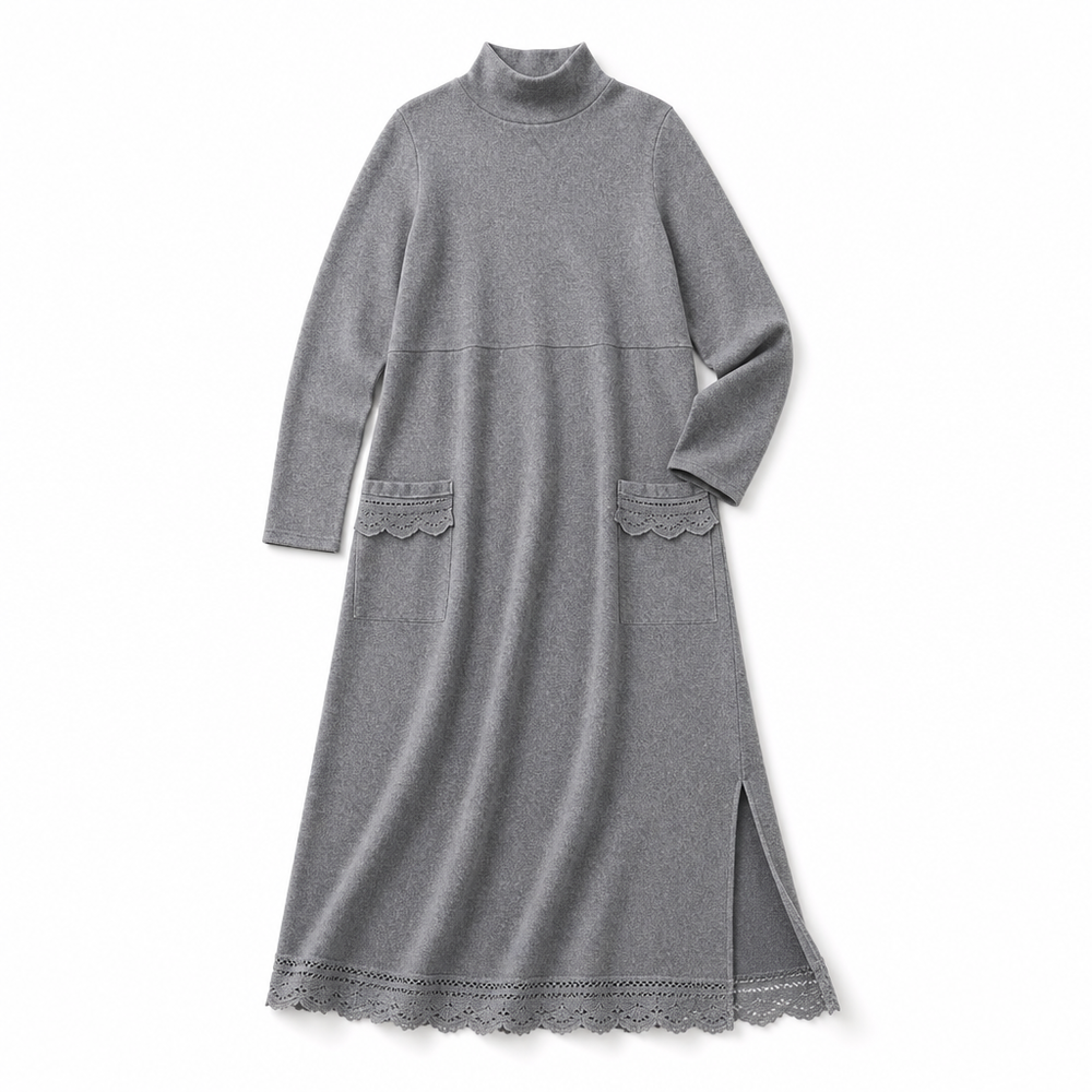 Andrea | Sophisticated Mock Neck Sweater Dress with Lace-Trim Pockets