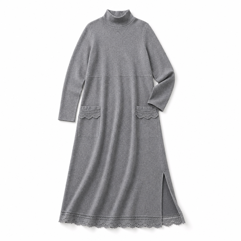 Andrea | Sophisticated Mock Neck Sweater Dress with Lace-Trim Pockets