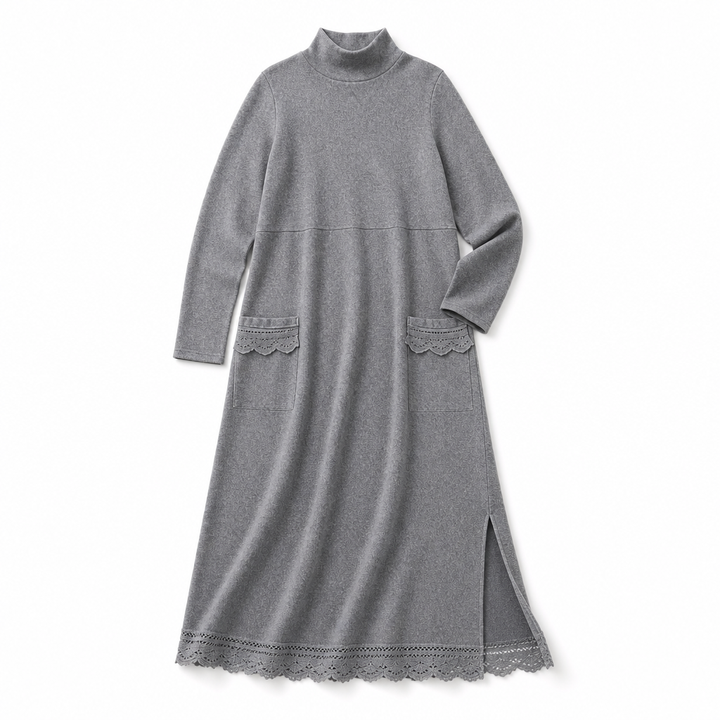 Andrea | Sophisticated Mock Neck Sweater Dress with Lace-Trim Pockets