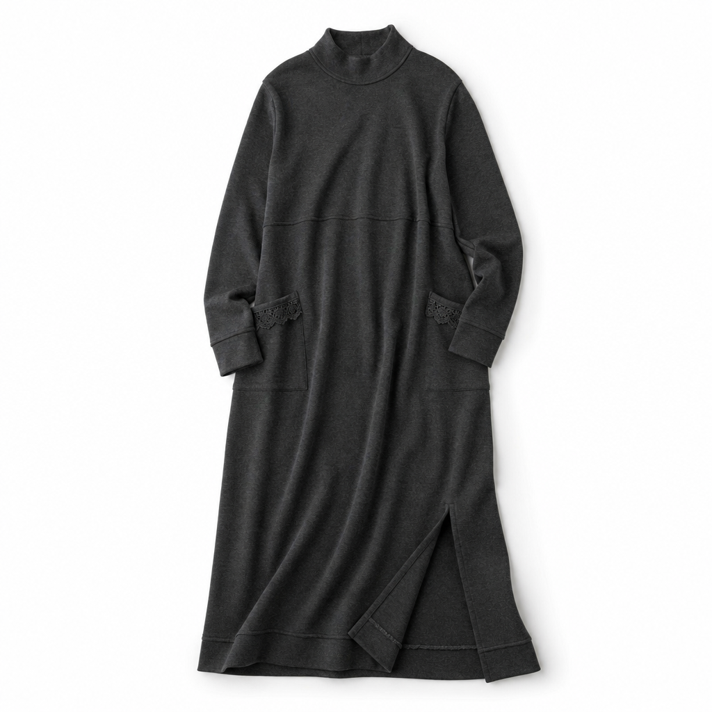 Andrea | Sophisticated Mock Neck Sweater Dress with Lace-Trim Pockets