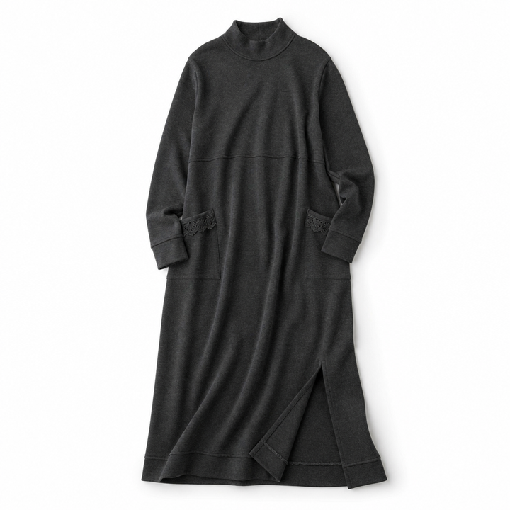 Andrea | Sophisticated Mock Neck Sweater Dress with Lace-Trim Pockets
