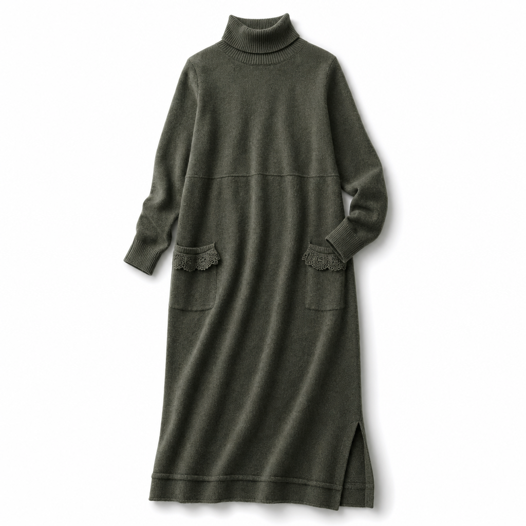 Andrea | Sophisticated Mock Neck Sweater Dress with Lace-Trim Pockets