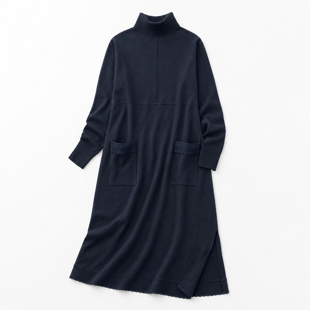 Andrea | Sophisticated Mock Neck Sweater Dress with Lace-Trim Pockets