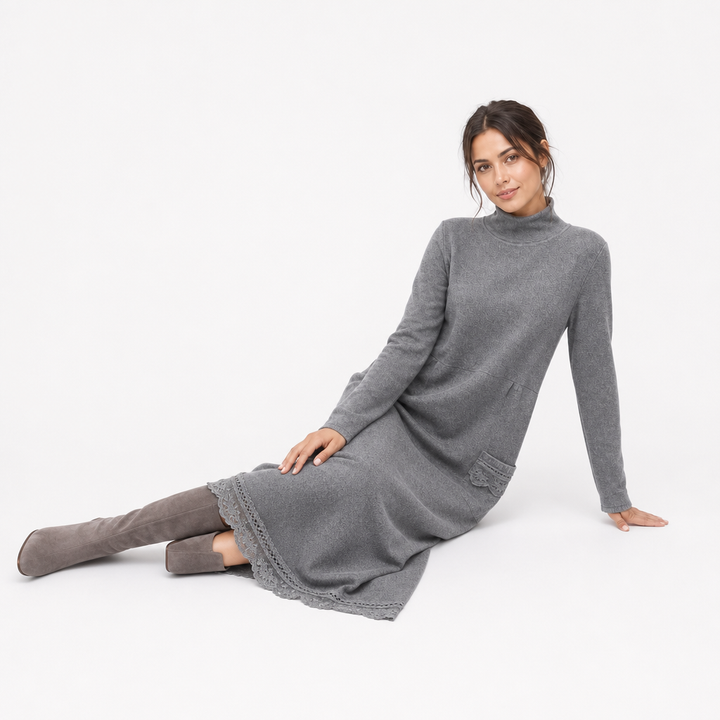 Andrea | Sophisticated Mock Neck Sweater Dress with Lace-Trim Pockets