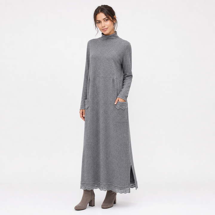 Andrea | Sophisticated Mock Neck Sweater Dress with Lace-Trim Pockets