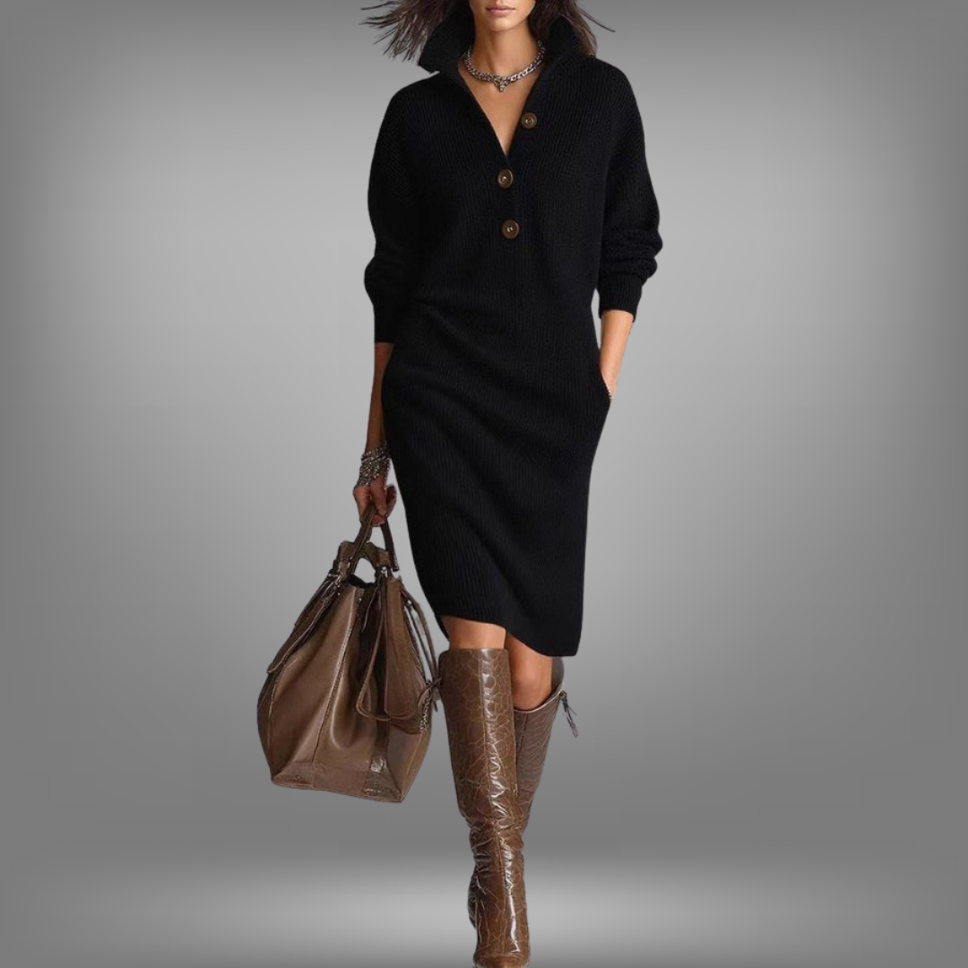 Angela | Effortless Button Collar Knit Sweater Dress