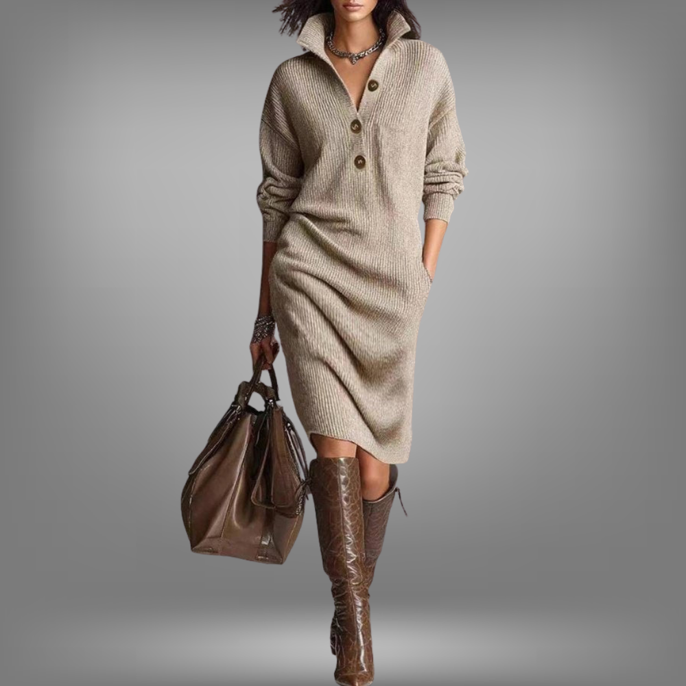 Angela | Effortless Button Collar Knit Sweater Dress