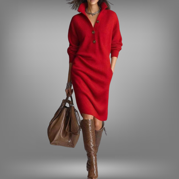 Angela | Effortless Button Collar Knit Sweater Dress