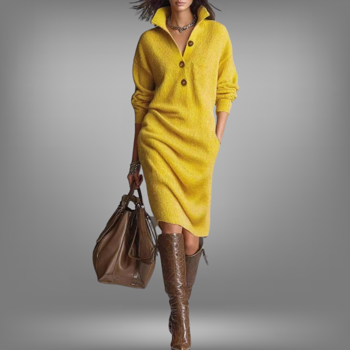 Angela | Effortless Button Collar Knit Sweater Dress