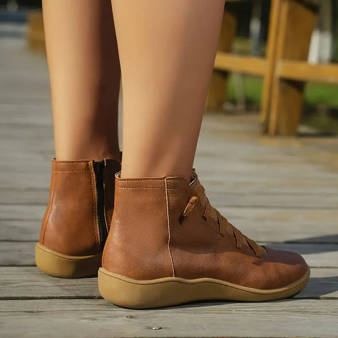 Angela | Effortless Lace-Up Side-Zip Flat Ankle Boots