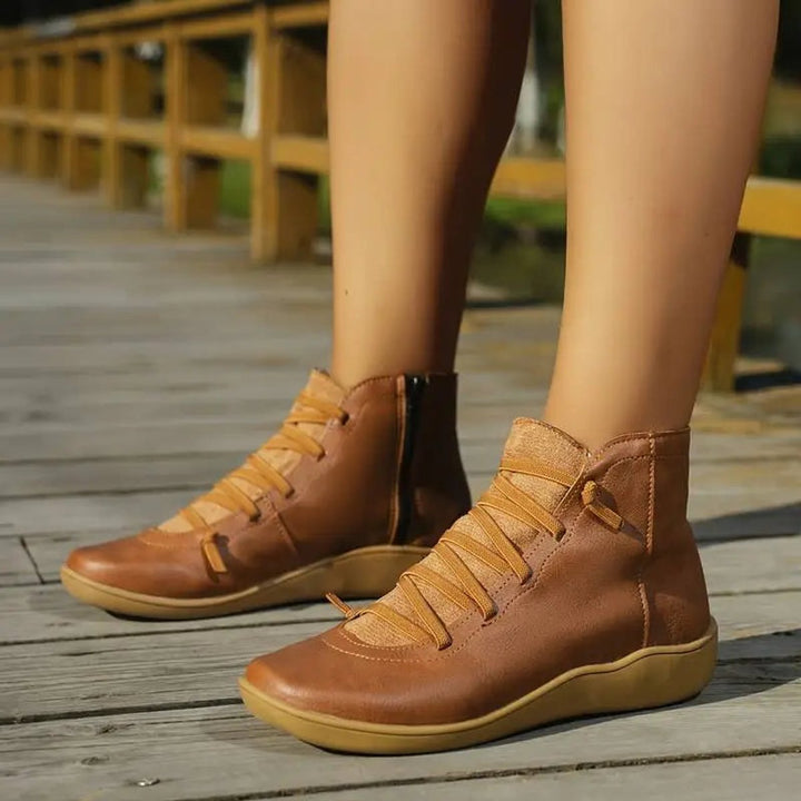 Angela | Effortless Lace-Up Side-Zip Flat Ankle Boots