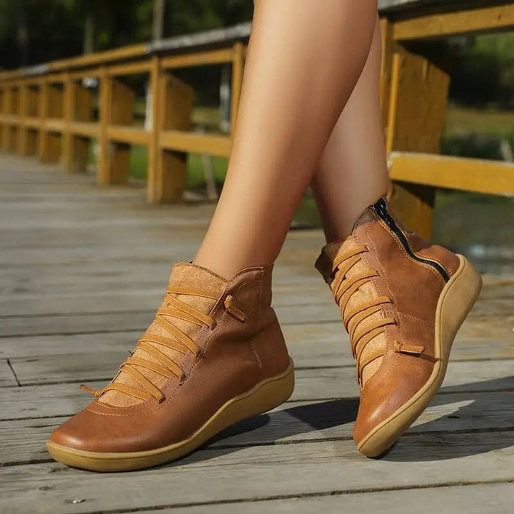 Angela | Effortless Lace-Up Side-Zip Flat Ankle Boots