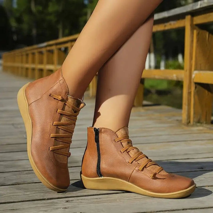 Angela | Effortless Lace-Up Side-Zip Flat Ankle Boots