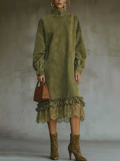 Angela | Refined Ruffle Hem Midi Long Sleeve Dress
