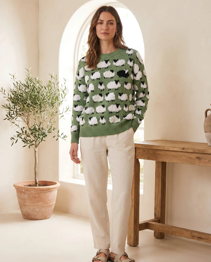 Ann | Stylish Sheep Pattern Crew Neck Knit Sweater