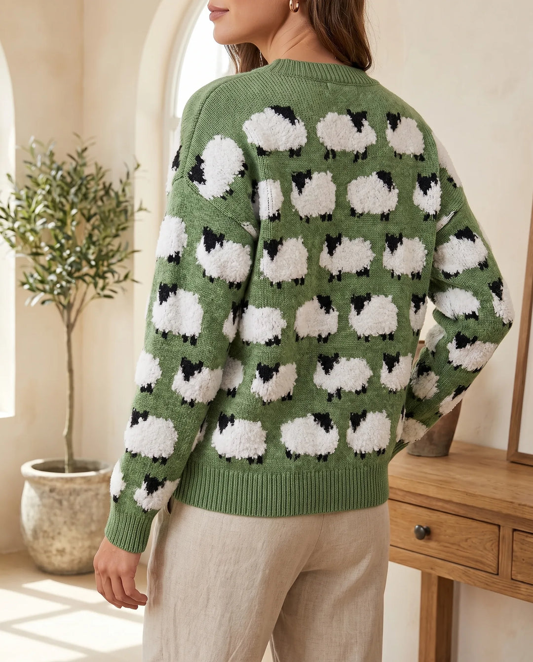 Ann | Stylish Sheep Pattern Crew Neck Knit Sweater
