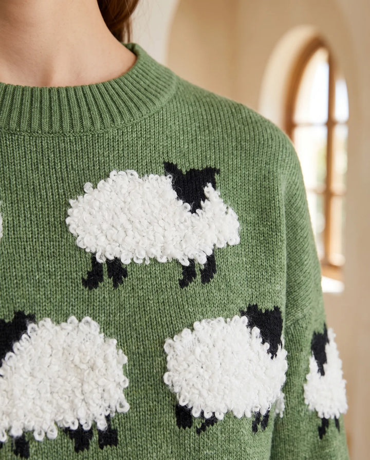 Ann | Stylish Sheep Pattern Crew Neck Knit Sweater