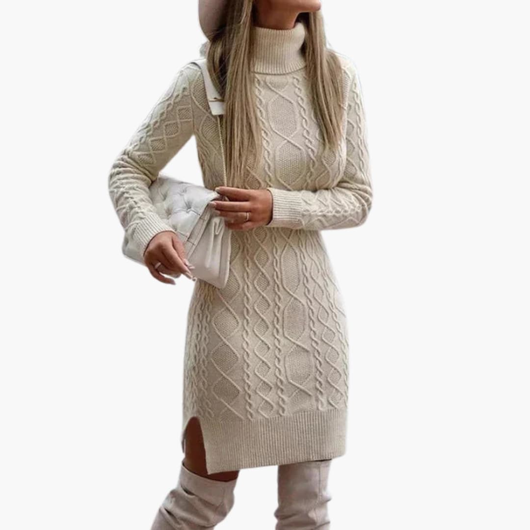 Anna | Elegant Kabelstrikket Rullekrave Strik Kjole