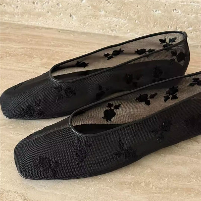 Ashley | Classic Floral Embroidered Mesh Ballet Slippers