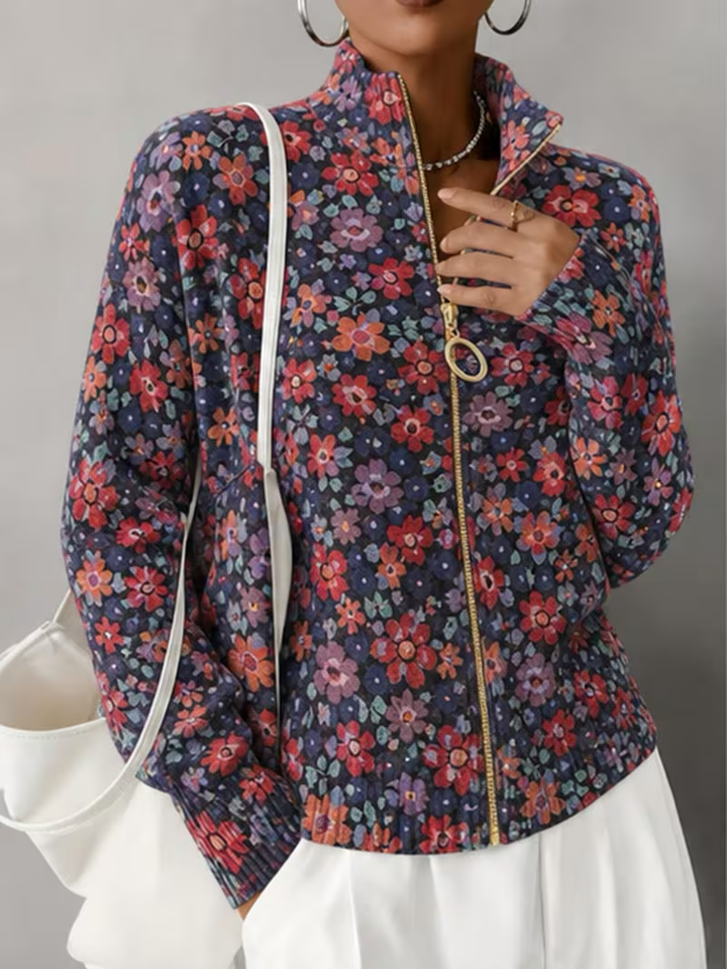 Ashley | Classic Floral Long Sleeve Zip-Up Cardigan